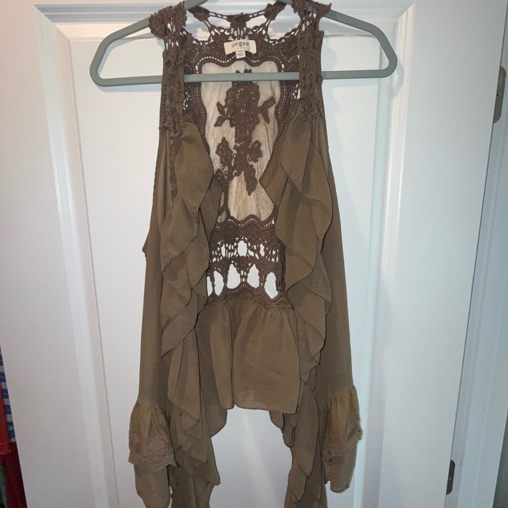 Brown Lace Detail Women's Sleeveless Cardigan